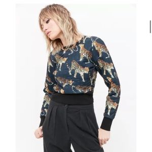 Quilted Crew Neck Leopard Cropped Sweater Size Medium